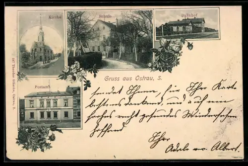 AK Ostrau /Sachsen, Kirche, Postamt, Schule und Bahnhof