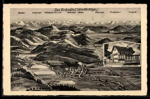 Künstler-AK Eugen Felle: Emerlanden i. Allgäu, Panorama Eschachtal, Gasthaus und Pension zum Hirsch