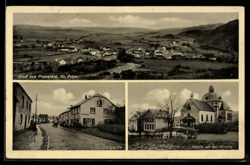 AK Pronsfeld, Strassenpartie mit Kaufhaus Geschw. Heinz, Kirche, Totalansicht