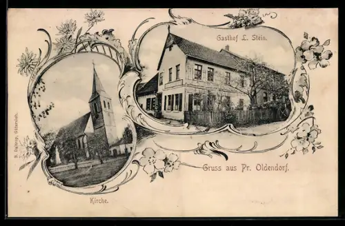 AK Pr. Oldendorf, Gasthof L. Stein, Blick zur Kirche