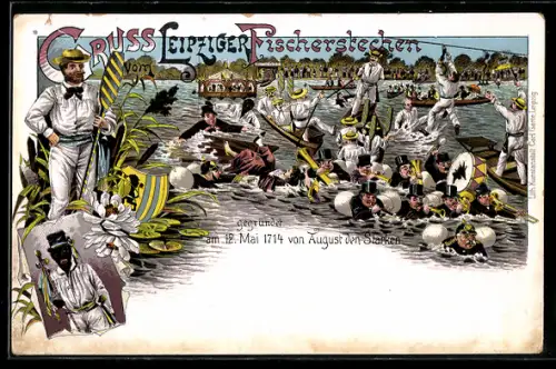 Lithographie Leipzig, Leipziger Fischerstechen am 12. Mai 1714 v. August d. Starken gegründet