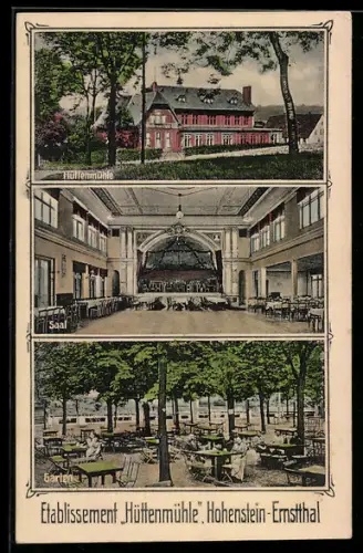 AK Hohenstein-Ernstthal, Blick aufs Gasthaus Hüttenmühle, Blick in den Saal, Gartenbereich