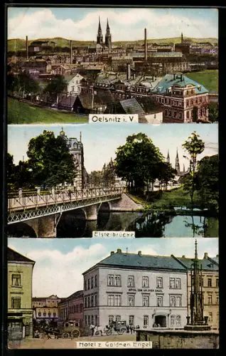 AK Oelsnitz i. V., Hotel zum Goldnen Engel, Elsterbrücke