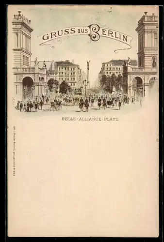 Lithographie Berlin-Kreuzberg, Belle-Alliance-Platz mit Kutschen und Passanten