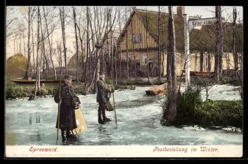 AK Spreewald, Postbestellung im Winter, Briefträger mit Schlittschuhen auf zugefrorenem Kanal