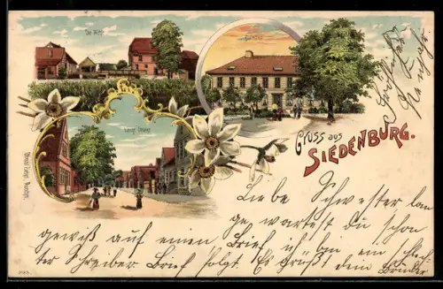 Lithographie Siedenburg, Domäne, Mühle und Lange Strasse