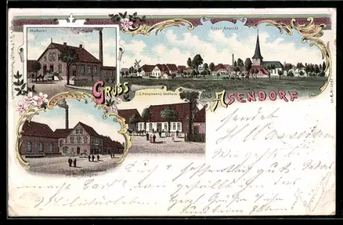 Lithographie Asendorf, J. G. Hoopmann`s Gasthaus, Molkerei, F. Bremer`s Maschinenfabrik, Panoramablick