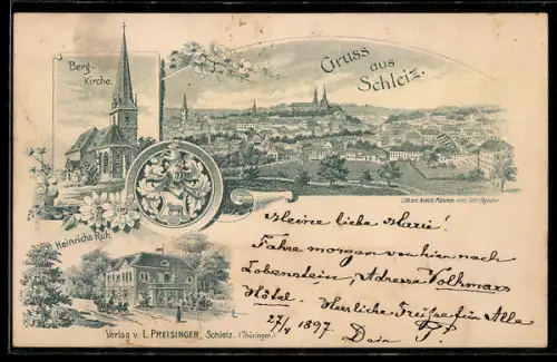 Lithographie Schleiz, Gasthof Heinrich`s Ruh, Berg-Kirche und Ortsansicht aus der Vogelschau