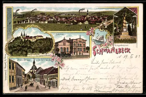 Lithographie Schwanebeck, Kriegerdenkmal, Bahnhof, Breite Strasse und Str. Petri Kirche, Gesamtansicht
