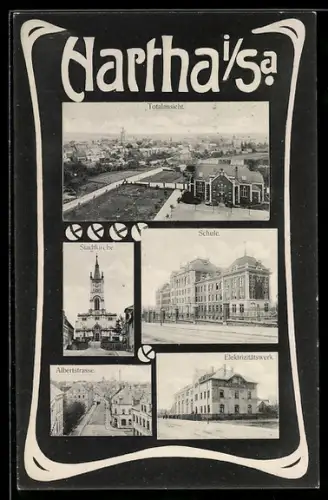 AK Hartha i. Sa., Elektrizitätswerk, Albertstrasse, Stadtkirche, Schule und Totalansicht