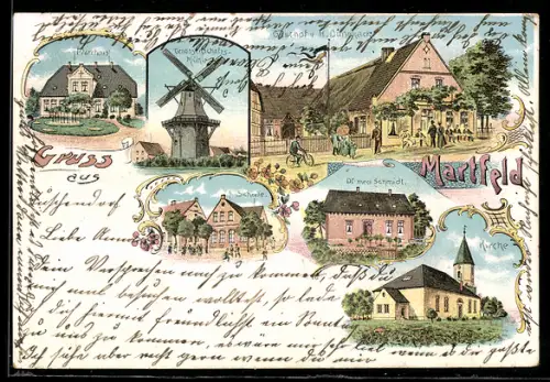 Lithographie Martfeld, Kirche, Gasthof v. H. Dunekack, Pfarrhaus und Genossenschaftsmühle