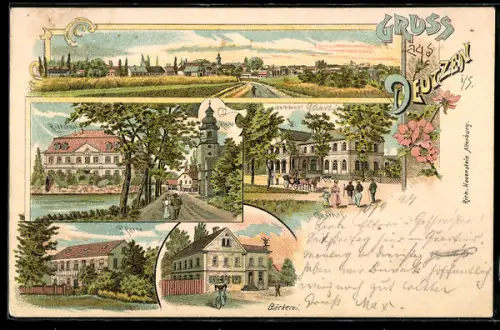 Lithographie Deutzen i. S., Totalansicht, Kirche, Rittergut, Pfarre und Bäckerei