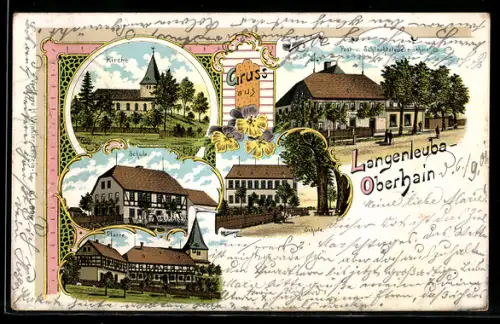 Lithographie Langenleuba-Oberhain, Post, Kirche, Schule und Pfarre