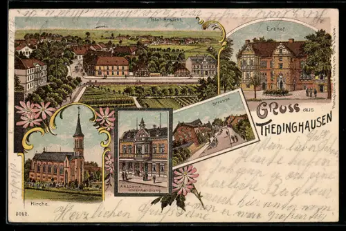 Lithographie Thedinghausen, Erbhof, Totalansicht, Strassenpartie und Uhrenhandlung von A. H. Luesse
