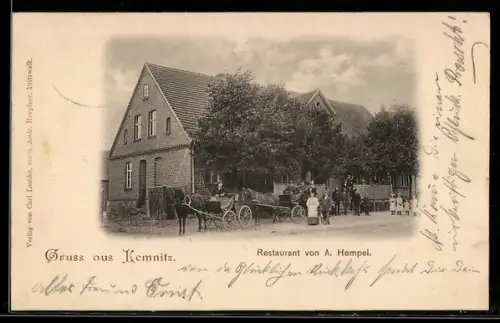 AK Kemnitz, Pferdekutschen vor dem Restaurant von A. Hempel