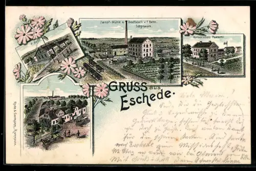 Lithographie Eschede, Dampf-Mühle und Brotfabrik von F. Behn, Sägewerk, Kaiserliches Postamt