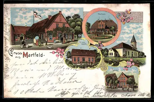 Lithographie Martfeld, Gasthof H. Dunekack, Pfarrhaus, Kirche, Schule