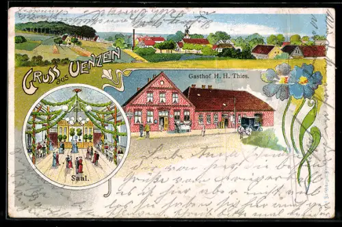 Lithographie Uenzen, Panorama, Gasthof von H. H. Thies, Aussenansicht und Festsaal