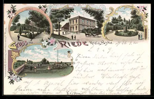 Lithographie Riede / Verden, Hartjes Gasthof Neuenkrug, Inh. H. Orthmann, Garten, Blick von der Plattform