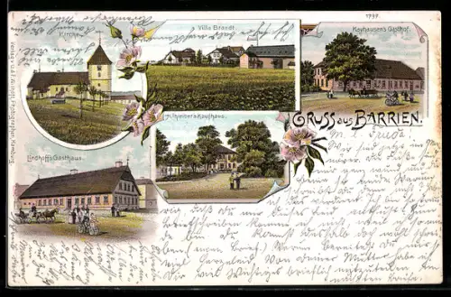 Lithographie Barrien, Kayhausens Gasthof, Villa Brandt, H. Thielbars Kaufhaus und Lindhoffs Gasthaus