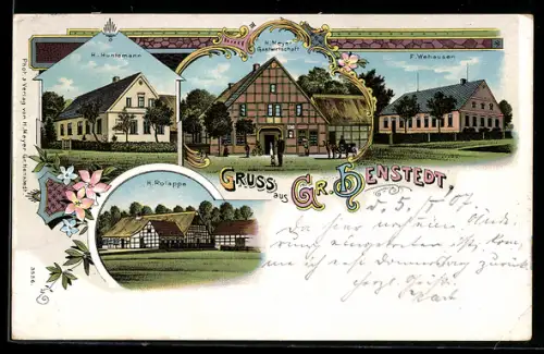 Lithographie Gr. Henstedt, Gasthäuser von H. Meyer, H. Huntemann, H. Rolappe und F. Wehausen