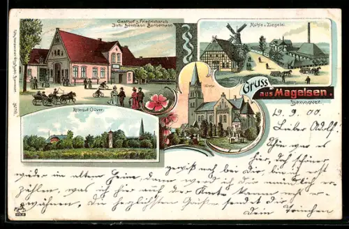 Lithographie Magelsen, Gasthof z. Friedrichsruh von Hermann Bornemann, Mühle & Ziegelei, Rittergut Clüver