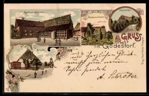 Lithographie Gödestorf, Gasthaus Schröder, Buschmann-Falldorf, Schumacher und Schule