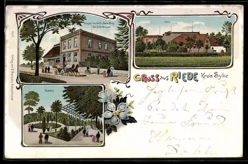 Lithographie Riede /Syke, Hartjes Gasthof z. Neuen Krug, Bes. H. Orthmann, Partie im Garten