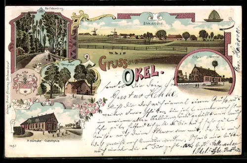 Lithographie Okel, Totalansicht, Schule, Rittergut und Gasthaus von H. Hüneke