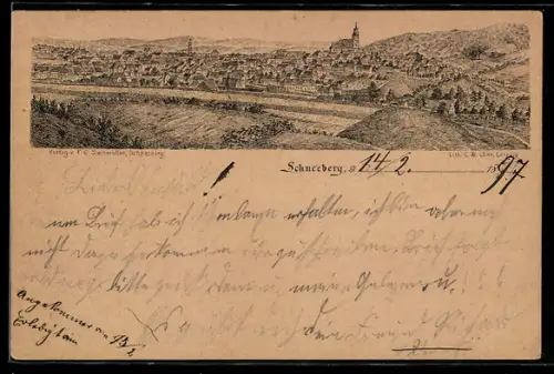 Lithographie Schneeberg, Totalansicht des Ortes mit Kirchen