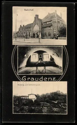 AK Graudenz, Bahnhof, Arrestzelle, Weinberg und Schlossbergturm
