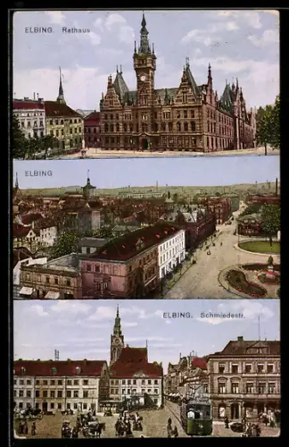 AK Elbing, Rathaus, Schmiedestrasse mit Strassenbahn, Ortsansicht aus der Vogelschau