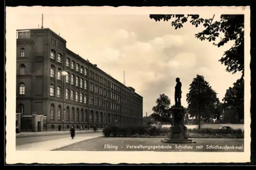 AK Elbing / Elblag, Verwaltungsgebäude Schichau mit Schichaudenkmal