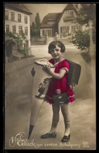 Foto-AK EAS Nr. 7609/6: Kleines Mädchen mit Schultüte, Glückwunsch zum Schulanfang
