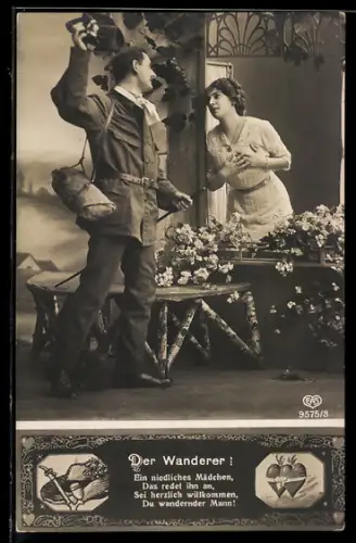 Foto-AK Der Wanderer!, Mädchen begrüsst jungen Mann