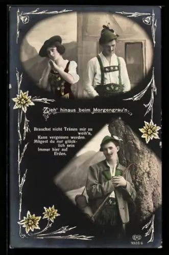 Foto-AK EAS Nr. 9303/6: Paar in Trachtenkleidung, Edelweiss