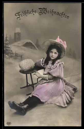Foto-AK EAS Nr. 1049: Mädchen mit Schlitten im Winter, Weihnachtsgruss