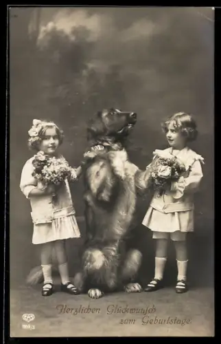 Foto-AK EAS Nr. 869/3: Kinderpaar mit Hund, Geburtstagsgruss
