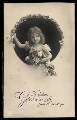 Foto-AK EAS Nr. 5049/4: Mädchen mit Blumen, Glückwunsch zum Namenstag
