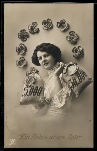 Foto-AK EAS Nr. 8511/1: Fräulein mit zwei Geldsäcken, Neujahrsgruss