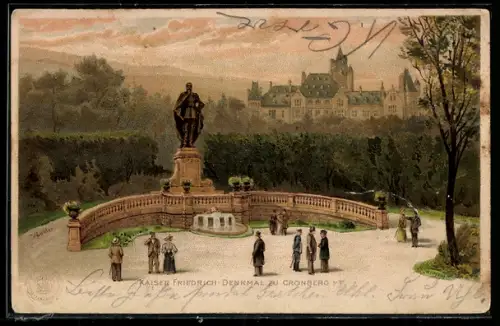 Lithographie Cronburg i. T., Kaiser Friedrich-Denkmal mit Blick aufs Schloss