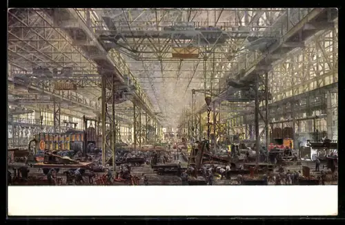 Künstler-AK Essen, Gussstahlfabrik Fried. Krupp A.-G., Fabrikarbeiter in der Stahlformerei mit Martinwerk VI