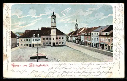 AK Königsbrück, Marktplatz mit Rathaus und Geschäftshäusern