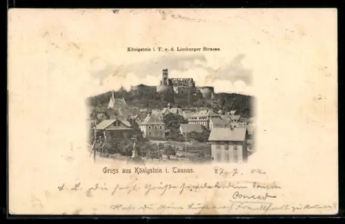 AK Königstein i. Taunus, Blick von der Limburger Strasse auf Burg und Stadt