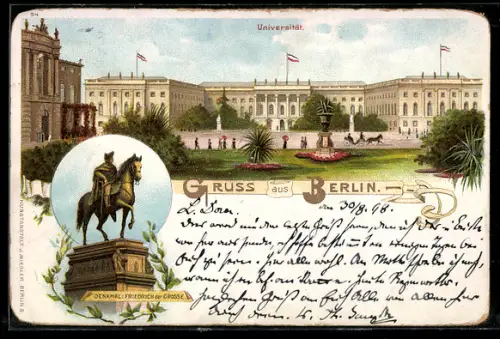 Lithographie Berlin, Universität, Denkmal Friedrich der Grosse