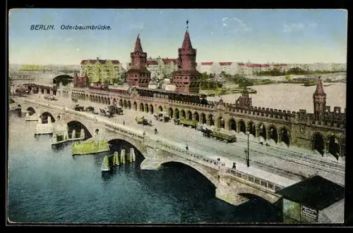 AK Berlin-Friedrichshain, Oberbaumbrücke aus der Vogelperspektive, U-Bahn, Pferdegespann