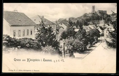 AK Königstein i. Taunus, Ortspartie mit Blick auf die Ruine Königstein