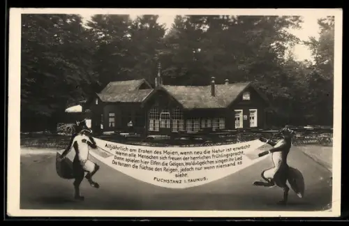 AK Fuchstanz, Restaurant mit Terrasse, Füchse tanzen mit Banner