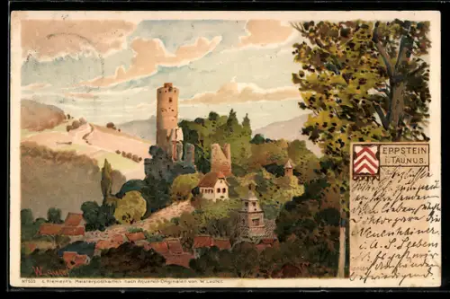 Lithographie Eppstein, Blick auf den Ort und die Burg, Wappen