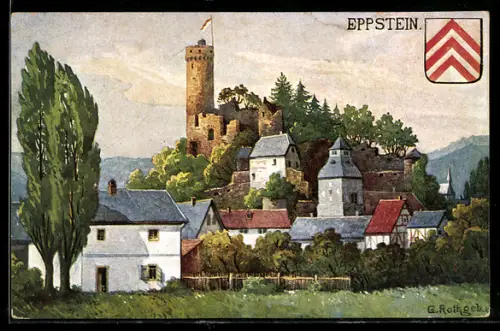 Künstler-AK Eppstein / Taunus, Burgruine, Bergfried, Stadtansicht, Wappen